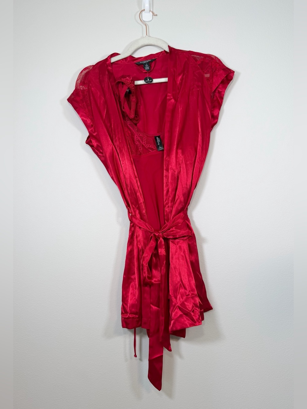 NWT Ambrielle 3 Piece Set Lingerie Dress Red Satin Lace Trim Robe Thong Women M